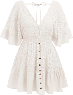 ABAFIP Women's Boho Floral Mini Dress Deep V-Neck Lace Ruffle A-Line Smocked Waist Summer Beach Dresses Large White