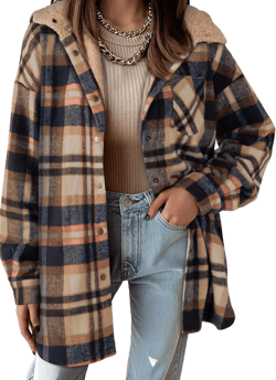 Dokotoo Women's Flannel Hooded Plaid 2025 Shacket Thick Coat Winter Coat for Warmth Button down Warm and Fuzzy Fleece Jacket Light French Beige Medium