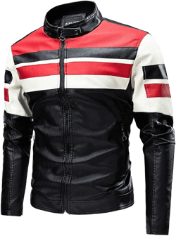 LOAIHA Men's Motorcycle Jacket Stand Collar Leather Jacket Spring and Fall Trendy Color Block Motor Biker Jacket Red White and Black Large
