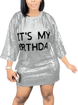 Its My Birthday Dress Women Sequin Party Outfit Shirt Sparkly Glitter Casual Sexy Nightclub Party T-Shirts Tops Dress X-Large White