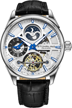 Stuhrling Original Skeleton Dress Analog Watch for Men, Automatic Mechanical Wristwatch, Gold Plated/Stainless Steel, Genuine Calfskin Leather Band Silver-A