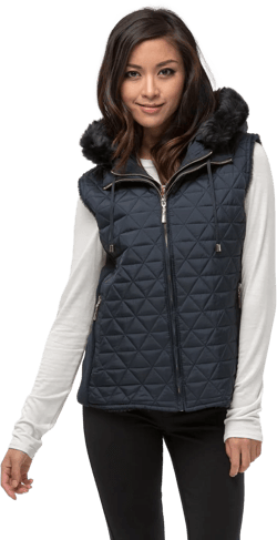 Women's Quilted Padding Faux Fur Lining Detachable Hood Vest (JZV065F) Medium Navy