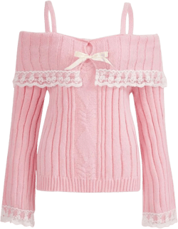 Women's Off Shoulder Knit Sweaters y2k Lace Trim Slim Fit Long Sleeve Cable Knit Pullover Tops Aesthetic Sweater 2 Pink Small