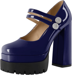 Platform Mary Janes Pumps Square Toe Chunky Block Heels 5 inch High Wedding Party Shoes for Women 7 Navy