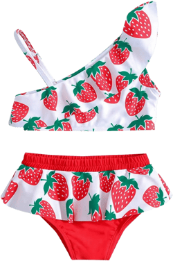 Strawberry Print Swimsuit for Kids Toddler Girls Bikini Set Ruffle One Shoulder Swimwear Bathing Suit