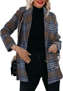 Taodou Women's Casual Blazers Woolen Plaid Blazer Lapel Long Sleeve Button Pocket Jackets Coat Blue