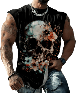 Mens Skull Tank Tops Summer 3D Skull Graphic Print Dry Fit Big and Tall Sleeveless Crew Neck Men's T-Shirts Cotton Sport Tops Skull 35 X-Large
