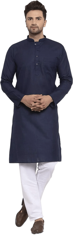 Men's Cotton Cream Solid Kurta With Drawstring Pyjama Set, Ethnic Traditional Wear 36 Navy Blue