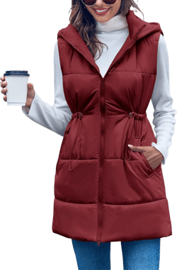 Inorin Womens Quilted Puffer Vests Hooded Sleeveless Long Outwear Jacket Zip Up Winter Coat with Pockets Medium Wine Red