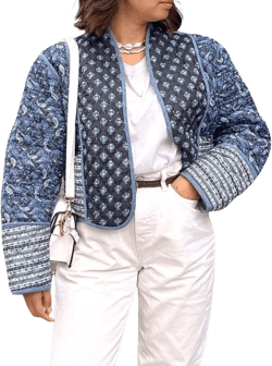 Womens Cropped Quilted Lightweight Jackets Floral Printed Open Front Puffer Coat Cardigan Navy Blue Medium