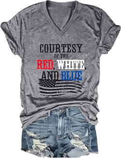 Courtesy of The Red White and Blue Printed T Shirts Women Vintage Country Music Shirts Casual American Flag Shirt Top