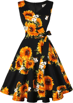Dressever Women's 50s 60s Vintage Sleeveless Cocktail Party Dress with Pockets X-Large Black Sunflower