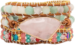 YGLINE Boho 3 Wrap Bead Bracelet for Women - Handmade Adjustable Natural Rose Quartz Stone Crystal Beaded Bracelets Leather Rope Yoga Healing Bracelet Bangle Hippie Jewelry