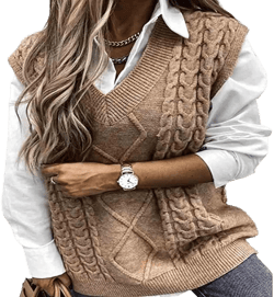 Sdencin Women Sleeveless Oversized Plaid Knit Sweater Vest Deep V-Neck Preppy Style Cable Knit Tank Tops Pullover Small Khaki