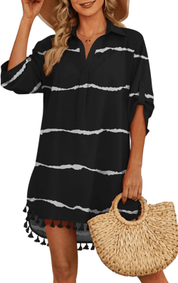 Yincro Women Swimsuit Cover Up Shirt 2025 Tassel Beach Bathing Suit for Swimwear Bikini Dress 3X-Large Stripe Black