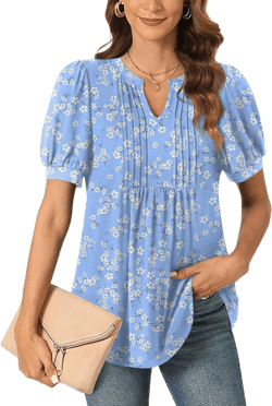 Anyally Womens Summer/Spring Dressy Casual Blouse Puff Short Sleeve Tunic Tops Pleated T-Shirts for Work Pleated Blue White Flower Medium