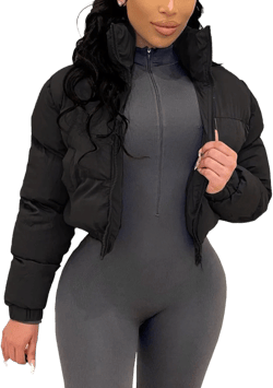 Gihuo Women's Cropped Puffer Jacket Zip Up Winter Short Quilted Jackets Bubble Coat Small Black