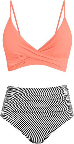 Women's High Waisted Bikini Sets Push Up Twist Front Spaghetti Straps Ruched Two Piece Swimsuit Bathing Suit Small Orange Stripe