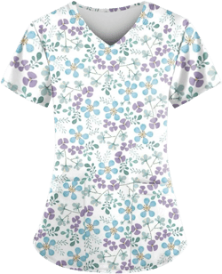 Scrub Tops for Women Trendy Daisy Floral Pattern Printed Nurse Doctor Working Uniform Classic V-Neck Medical Scrub Shirt X-Large #03