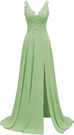 Rjer Chiffon Lace Applique Bridesmaid Dresses V Neck A Line Elegant Long Formal Evening Gowns with Slit 16 Sage Green