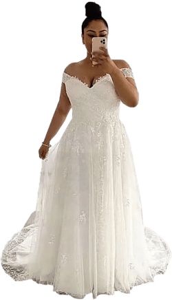 Women’s A Line Off Shoulder Wedding Dress for Bride, Lace Appliques Plus Size Tulle Bridal Gown with Train 18 Plus White