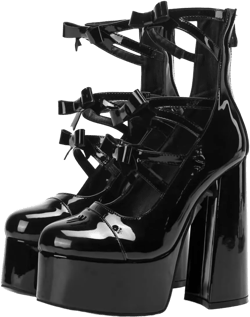 Frankie Hsu Lolita Women's Large Size Bow Strap Black Patent Leather Platform Chunky Block High Heels Ankle Heeled Boots Shoes 8 Black