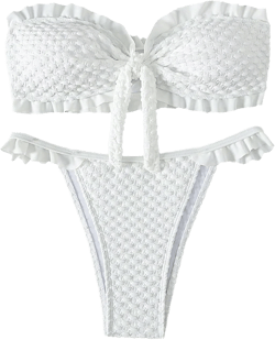 SweatyRocks Women's Two Piece Swimsuit Strapless Ruffle Knot Front Bandeau Bikini Set Thong Bathing Suits Medium White