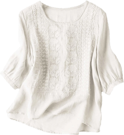 Cotton Linen Shirts for Women 2025 Trendy Summer Floral Embroidered 3/4 Sleeve Gauze Boho Blouse Casual Vacation Top
