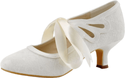 ELEGANTPARK Lace Wedding Shoes Closed Toe Bridal Shoes Women Mary Jane Low Heels Pumps Wedding Dress Shoes 11 Cut-out Ivory