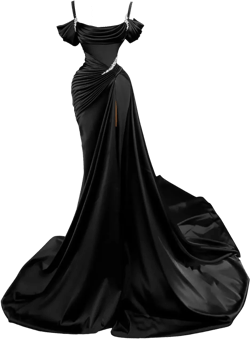 Spaghetti Straps Mermaid Slit Prom Dresses 2024 Beaded Long Satin Formal Evening Gowns for Women 12 Black