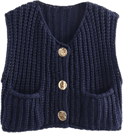 Womens Crop Knit Sweater Vest Top Gold Button Down Crochet Vest Sleeveless Chunky Sweater Cardigan with Pockets Small Navy