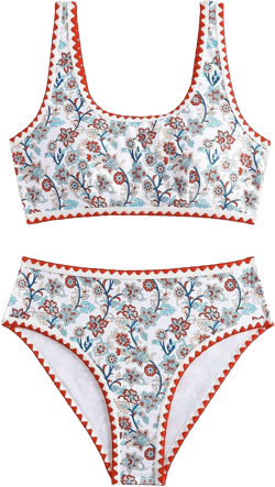 BEAUDRM Women's 2 Piece Floral Print Bikini Set Y2K Tankini Set Boho High Waist Swimsuit Full Coverage Bathing Suit Beachwear : Clothing, Shoes & Jewelry