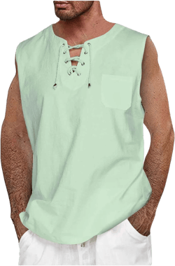 Men Cotton Linen Tank Tops Sleeveless Muscle T-Shirts Beach Summer Cut Off Bodybuilding Lace Up Hippie Workout Tops