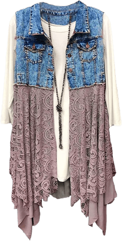 FindThy Women’s Denim Vest Sleeveless Ripped Draped Patchwork Cardigan Jean Vest with Irregular Lace Extender Hem Blue Small