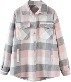 Women's Girl Plaid Button Down Long Sleeve Shacket Jacket Coat Warm Shirt Blouse Casual Outwear with Pocket Grey Pink X-Small