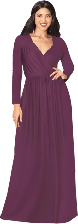 KOH KOH Womens Long Sleeve Empire Cocktail Elegant Evening Versatile Maxi Dress Small Plum Dark Purple