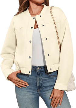 Tankaneo Womens Cropped Bomber Jackets Casual Button Down Long Sleeve Stand Collar Fall Coats