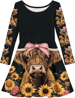 Girls Dress Little Kid Casual Dresses Long Sleeve Swing Dresses 3-14T 7-8 Years Highland Cow Black
