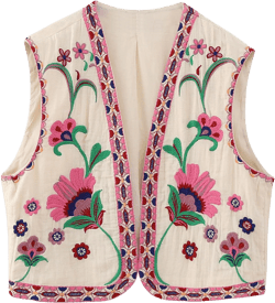 Flygo Floral Embroidered Vest Women Vintage Boho Vest Sleeveless Open Front Cardigan Waistcoat Cropped Vests Pink Small