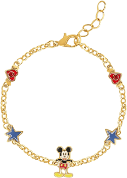 Disney Womens Mickey Mouse Bracelet with Station Pendants 6.5" + 1" - Gold Plated Mickey Bracelet Officially Licensed