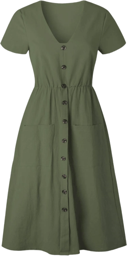 Women 2024 Summer Short Sleeve Dress Solid Button Down Casual Dresses Travel Vacation Sundress, Small, Green