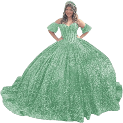 XYAYE Off Shoulder Sequin Quinceanera Dresses Ball Gown 2024 Puffy Sweet 16 Dresses with Bow Sparkly Princess Prom Gowns 26 Plus Aquamarine