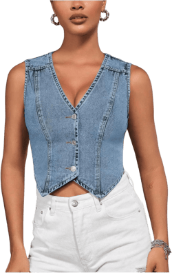 Verdusa Women's Denim Vest Button Up V Neck Sleeveless Jean Vest Top Corset Top Jean Crop Top Dark Blue Large