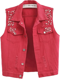Womens Beading Pearls Denim Button Vest Ripped Waistcoatvest Sleeveless Jean Jacket Small Red