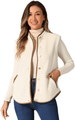 INSPIRE CHIC Women's Fleece Contrast Color Button Down Sleeveless Fuzzy Jacket Vest with Pockets Small Apricot Brown