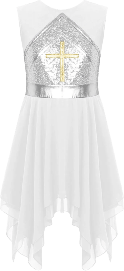 XUNZOO Kids Girls Praise Dance Dress Sleeveless Metallic Shiny Cross Sequins Irregular Hem Liturgical Dance Tunic #06white 6 Years