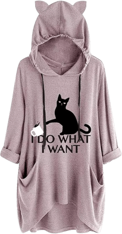 Gesaofa I Do What I Want Cat Graphic Hoodies for Women Irregular Hem 3/4 Sleeve Cat Ear Hooded Tunic Tops with Pockets Medium Pink