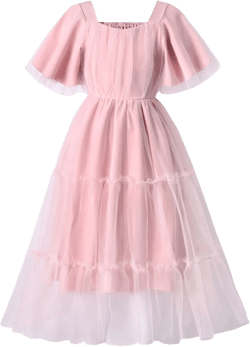fioukiay Girls Tiered Tulle Maxi Dress Flower Girl Dresses Vintage Ruffle Sleeve A-Line Formal Bridesmaid Wedding Party Dress 6-7 Years Pink