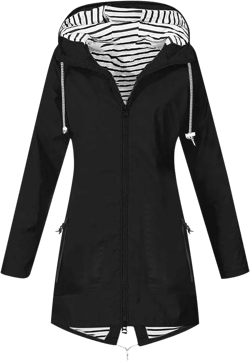 Rain Jacket Womens Waterproof With Hood Lightweight Striped Lined Zip Up Mid Length Windbreaker Outdoor Raincoat