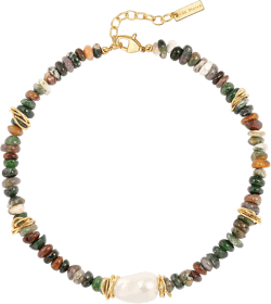 Chunky Statement Stone Beaded Necklace, Big Baroque Pearl Gold Choker, Trendy Boho Colorful Stone Jewelry